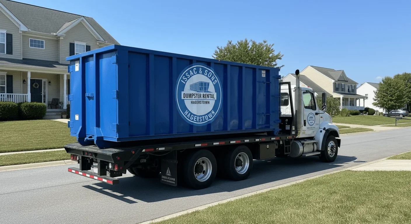 Issac & Sons Dumpster Rental blue dumpster truck delivering a roll-off container to a Hagerstown-area new-construction job site
