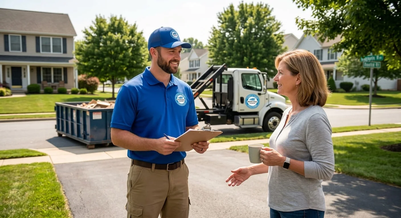Free Dumpster Rental Consultation - Hagerstown, MD An Issac & Sons Dumpster Rental driver talking through delivery details with a homeowner beside a dumpster in a Hagerstown driveway
