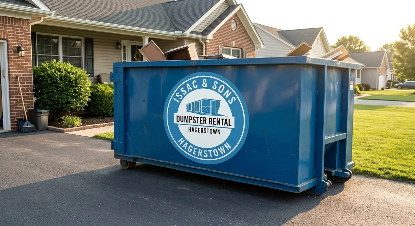 Dumpster rental delivery near Williamsport, MD A Issac & Sons Dumpster Rental roll-off dumpster staged for a job near Williamsport, MD