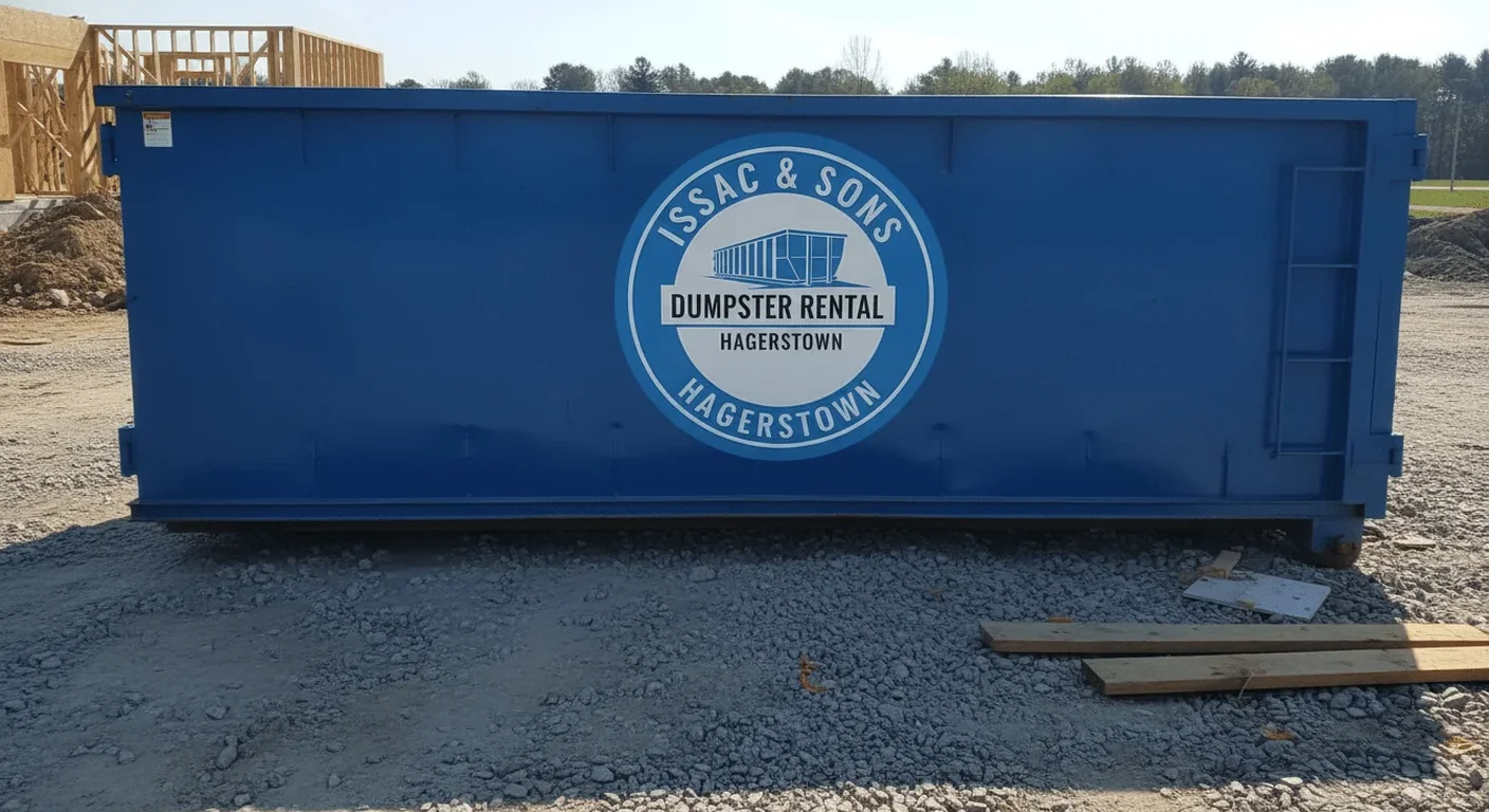 Residential Dumpster Rental in Hagerstown, MD Issac & Sons Dumpster Rental blue dumpster delivered to a residential driveway in Hagerstown for a home cleanout project
