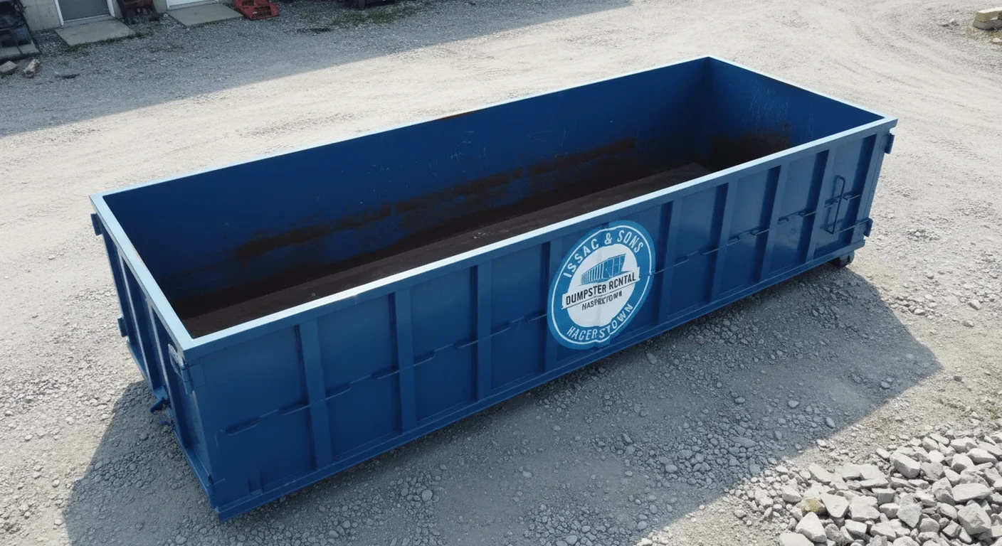 Roll-off dumpster rental in Funkstown, MD A Issac & Sons Dumpster Rental roll-off dumpster on a delivery flatbed, ready for drop-off in Funkstown, MD