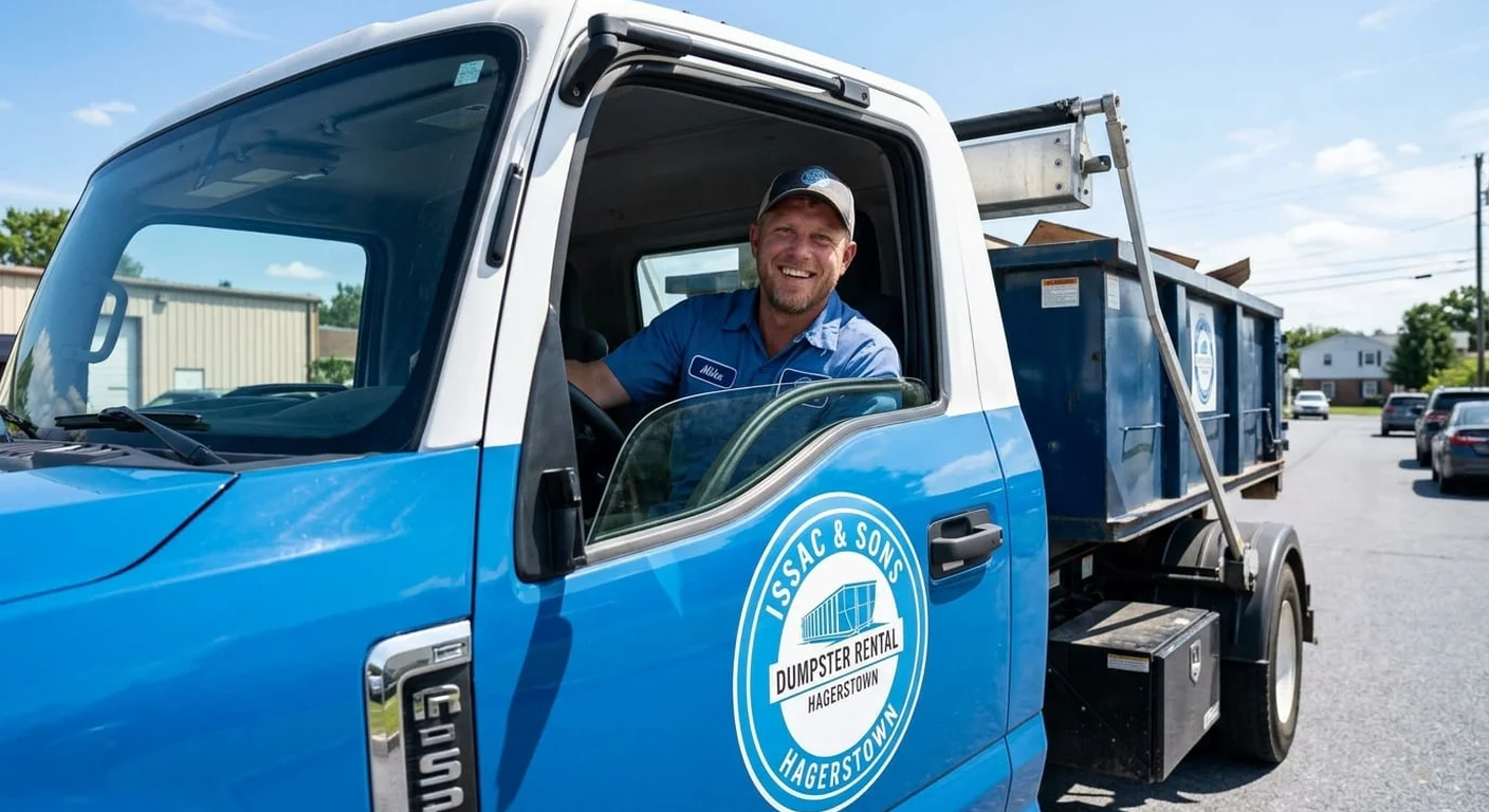 Same-Day Dumpster Rental in Hagerstown, MD An Issac & Sons Dumpster Rental driver smiling from the cab of a delivery truck, ready to head out for a same-day Hagerstown delivery